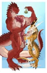 anthro balls banana_da_boi bodily_fluids body_hair chest_hair cum cum_in_mouth cum_inside cum_on_body cum_on_face cumshot cumshot_in_mouth digitigrade duo ejaculation erection foreskin genital_fluids genitals glans hi_res male male/male muscular muscular_male penis red_body scalie simple_background size_difference standing tail zartersus