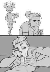 2d ass balls big_balls black_and_white blowjob demon demon_boy demon_horns female female_penetrated foreskin free_use gerb_(kostos_art) horns kostos_art larger_female male male/female on_back on_phone on_stomach oral oral_sex original original_character original_characters smaller_male taylor_(kostos) testicles uninterested
