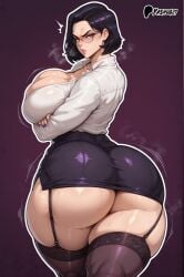 ai_generated angry_expression back_view backboob bare_thighs big_ass big_butt black_hair blush brown_eyes fat_ass garter_belt gigantic_ass gigantic_breasts glasses huge_breasts huge_thighs light-skinned_female light_skin looking_at_viewer massive_ass massive_breasts mature_female milf oiled_body oiled_skin original short_hair solo_female squatting sweat sweatdrop teacher thick_body thick_female thick_thighs thighs voluptuous voluptuous_female yashugai