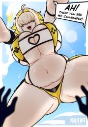 artist_logo artist_name belly big_breasts bikini blonde_hair breasts caption chubby chubby_belly chubby_female cleavage clothing_cutout dialogue elegg_(boom_and_shock)_(nikke) elegg_(nikke) eyes_covered female goddess_of_victory:_nikke hair_intakes hair_over_eyes hands heart_cutout huge_breasts long_bangs looking_at_viewer looking_down looming looming_over multicolored_hair navel open_mouth plump pov revealing_clothes see-through_slingshot_swimsuit short_hair silenttandem slingshot_swimsuit smile stomach swimsuit text text_bubble tummy underboob viewer_pov yellow_bikini