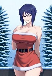 1girls ai_generated bangs bare_arms bare_legs bare_shoulders bare_thighs belt big_breasts big_breasts blue_hair breasts breasts busty busty_female christmas_clothing christmas_outfit cleavage exposed_shoulders female female female_focus female_only large_boobs large_breasts laurie_lowell looking_at_viewer outdoors outside pantheon_(series) red_dress short_hair smirk snow snow_on_trees snowy snowy_background solo solo_female solo_focus standing trees winter