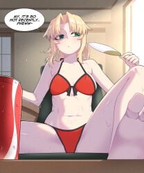 1girls barefoot bikini blonde_hair english_text fate/grand_order fate_(series) green_eyes hot light-skinned_female light_skin mordred_(fate) red_bikini soda_can speech_bubble sweat swimsuit terebozu92