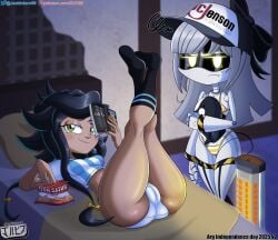 ass bikini black_hair digital_media_(artwork) disassembly_drone fanart female freckles glitch_productions green_eyes grey_hair human j_(murder_drones) jackintaro looking_at_viewer murder_drones panties pantyshot ribbons robot robot_girl soccer_uniform socks tessa_elliot underwear yellow_eyes