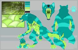 anthro black_nose blue_body blue_fur canid canine crotch_tuft ears_back front_view fur green_body green_eyes green_fur green_tongue hi_res internal looking_at_viewer male male_anthro mammal markings model_sheet mythological_canine mythological_creature mythology open_mouth pivoted_ears roobin sharp_teeth solo standing striped_arms striped_legs striped_markings striped_tail stripes tail tail_markings teeth tongue tuft werecanid werecanine werecreature werewolf