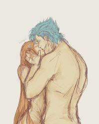 bleach blue_hair foreplay grimmjow_jaegerjaquez inoue_orihime karmelyon kissing naked orange_hair romantic suggestive