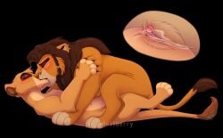 black_background blush bodily_fluids brown_mane close-up closed_eyes deep_kiss digital_drawing_(artwork) digital_media_(artwork) disney duo feet felid feline female feral feral_on_feral genital_fluids genitals hailberry hair highlights_(coloring) intimate kali_(reoroo) kissing lion mammal mane pantherine paws red_highlights sex simple_background tail the_lion_king toes tribadism vaginal_fluids vaginal_penetration vitani_(the_lion_king) vulva