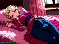 ai_generated bed bedroom big_balls blush dressed elsa_(frozen) frozen_(film) futa_only futanari gigatsu looking_at_viewer lying lying_on_back pixel_art seductive seductive_look visible_penis