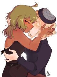 1boy 1girls bare_shoulders blonde_hair blonde_hair_male collei_(genshin_impact) female freminet_(genshin_impact) genshin_impact green_hair hand_in_hair hand_on_head making_out male male/female straight