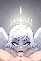 ai_generated angel blowjob deepthroat emily_(hazbin_hotel) eye_contact fellatio hazbin_hotel huge_cock male/female oral oral_sex penis pov pov_male sucking sucking_penis swallowed_whole tagme video white_hair