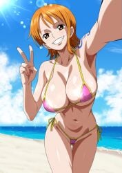 1girls bare_arms bare_shoulders beach bikini breasts brown_eyes cleavage curvy dashigara_100 female female_only huge_breasts large_breasts micro_bikini minpei_ichigo nami_(one_piece) navel one_piece orange_hair post-timeskip pre-timeskip selfie short_hair solo stomach swimsuit tattoo