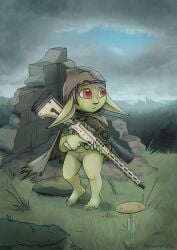 2023 absurd_res bottomless casual cloak clothed clothing colored digital_drawing_(artwork) digital_media_(artwork) female firearm fungus genitals goblin gobtober grass green_body green_skin greenbuncafe gun hair hi_res holding_object holding_weapon humanoid mammal mushroom nudist outerwear outside partially_clothed plant pointy_ears pubes purple_hair pussy ranged_weapon red_eyes rifle ruins shaded short_stack signature sky sniper sniper_rifle solo vulva weapon