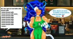 apron apron_only big_breasts blue_hair blush breasts capcom cat_ears cat_tail darkstalkers felicia_(darkstalkers) feline huge_breasts iced_latte_with_breast_milk lactating lactation large_breasts meme naked_apron nekohybrid solo_female starbucks