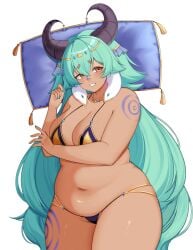 absurdres azura_dulait bikini breasts brown_eyes green_hair highres horns immy_bisou_(artist) large_breasts long_hair looking_at_viewer navel official_art pillow plump slit_pupils swimsuit tattoo thighs transparent_background vallure virtual_youtuber
