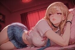 2025 ai_generated anime bangs black_choker blonde_hair blue_skirt bracelet breasts choker crossover curtains ear_piercing earrings female female female_focus gradient_hair highres indoors jewelry kitagawa_marin kitagawa_marin large_breasts lips long_hair lying marin_kitagawa midriff multicolored_hair navel necktie nsfw on_bed on_side parted_lips patreon_username piercing pillow pink_eyes pleated_skirt red_eyes ring rognezart school_uniform shirt skirt smile solo sono_bisque_doll_wa_koi_wo_suru thighs tied_shirt white_shirt