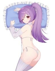 absurdres ass blush broken_heart detached_sleeves heart heart-shaped_pupils highres immy_bisou_(artist) long_hair looking_at_viewer meme_attire mercy_modiste official_art one_eye_closed pillow ponytail purple_hair red_eyes smirk symbol-shaped_pupils thighhighs transparent_background vallure vallure_gen_1:indulge virgin_destroyer_sweater virtual_youtuber