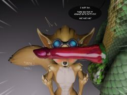 animal_humanoid anthro big_dom_small_sub big_penis blush blush_lines bodily_fluids dialogue dominant drooling duo eyewear eyewear_on_head genitals goggles goggles_on_head hi-rez_studios hi_res humanoid humiliation male male/male paladins_(game) penis penis_covering_eyes pip_(paladins) saliva scalie scalie_humanoid shaking shocked sighorin simple_background size_difference small_bottom_large_top speech_bubble sweat sweatdrop throbbing throbbing_penis trembling vulpin