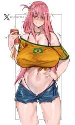 artist_request big_breasts blue_eyes blush bocchi_the_rock! brazilian brazilian_female breasts curvy curvy_body curvy_figure drunk female gotou_hitori hourglass_figure long_hair pink_hair shorts venus_body
