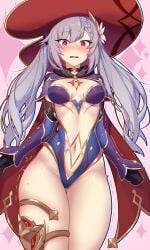 breasts cape chromatic_aberration cosplay dev_(dev0614) diamond_(symbol) embarrassed female genshin_impact hat highres keqing_(genshin_impact) leotard looking_at_viewer medium_breasts mona_(genshin_impact) mona_(genshin_impact)_(cosplay) no_legwear purple_eyes purple_hair purple_headwear purple_leotard red_cape revealing_clothes simple_background tearing_up thighlet trembling twintails witch witch_hat