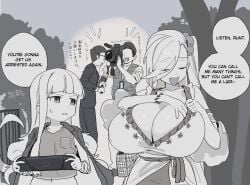 2girls bag breasts closed_eyes english_text hand_on_own_chest handbag highres huge_breasts jacket jacket_on_shoulders long_hair looking_at_another magister magister_(bigbakunyuu) monochrome multiple_girls nintendo_switch_2 open_mouth original pandora_smith_(magister) shiratama_liliana_(magister) shirt sleeveless sleeveless_shirt small_breasts small_sweatdrop smile speech_bubble translation_request tv_camera very_long_hair