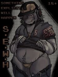 1boy 1boys blush builderfan builderman bulge chubby drool drooling fat framerfag hard_hat hat headphones headwear licking_lips lifting_hoodie looking_at_viewer male overweight pants_down solo something_evil_will_happen standing sweat sweating tongue tongue_out