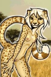 anthro areola breasts brown_eyes cheetah claws fangs felid feline female front_view fur genitals hair hi_res looking_at_viewer mammal markings minskyrabbit nipples nude outside pussy small_breasts solo spots spotted_body teeth vulva white_hair yellow_body yellow_fur yellow_sclera