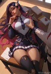 academy_series ai_generated caitlyn_(league_of_legends) caitlyn_kiramman grabbing_breasts groping league_of_legends lying_on_back mobolusai school_uniform skirt thighhighs