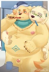 96panda anthro bathroom bear belly bird_dog blush bodily_fluids brush brushing brushing_teeth canid canine canis cu_sith_(tas) domestic_dog duo eyebrows fupa fur genital_fluids genitals golden_retriever groping_from_behind hi_res hunting_dog leib_(tas) lifewonders male male/male mammal navel nipples nude overweight penis polar_bear precum retriever small_penis thick_eyebrows tokyo_afterschool_summoners toothbrush ursine white_body white_fur yellow_body yellow_fur
