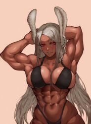 absurdres animal_ears bikini black_bikini blush boku_no_hero_academia breasts dark_skin glowing glowing_eyes highres large_breasts long_hair milka01477 mirko muscular muscular_female non-web_source rabbit_ears red_eyes swimsuit tipsy