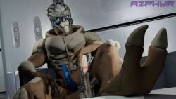 16:9 3d_(artwork) alien azphyr barefoot bioware bodypaint digital_media_(artwork) electronic_arts erection face_paint feet foot_focus furniture garrus_vakarian genitals gun hi_res holding_object holding_weapon humanoid inside looking_at_viewer male mass_effect muscular muscular_male not_furry nude on_sofa pecs penis pose ranged_weapon rifle seductive sitting sitting_on_sofa sniper_rifle sofa solo toes turian weapon widescreen