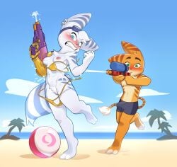 absurd_res anthro aroused ball beach beach_ball big_ears bikini blue_eyes blush breasts bulge clenched_teeth clothing duo ear_piercing ear_ring female fluffy fluffy_tail fur genitals gold_bikini hi_res inflatable kyuuoku male male/female nipples orange_body orange_fur piercing pussy ratchet_and_clank ring_piercing rivet_(ratchet_and_clank) sea seaside sky sony_corporation sony_interactive_entertainment swimming_trunks swimwear tail teeth toy toy_gun two-piece_swimsuit vulva wardrobe_malfunction water water_gun