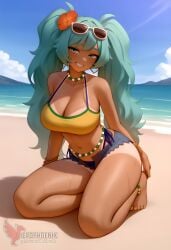 1girls 2d ai_generated aqua_hair ass barefoot big_ass big_breasts bikini bracelet brazilian_miku breasts dark-skinned_female earrings erophoenix eyewear_on_head feet full_body grin hair_flower hair_ornament hatsune_miku huge_breasts jewelry kneeling long_hair looking_at_viewer looking_back nail_polish patreon_username shorts smile soles solo solo_female sunglasses swimsuit tan tellow_shirt thick thick_thighs toes uncensored vocaloid