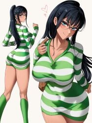 1girls big_breasts black_hair blue_eyes busty curvy glasses heart kneehighs legs light-skinned_female light_skin nico_robin no_pants one_piece opalisart ponytail purse small_waist striped_sweater sweater white_background