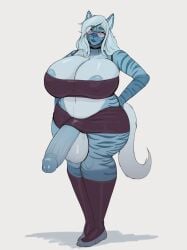 2023 anthro areola balls big_balls big_breasts big_penis blue_areola blue_body blue_fur blue_nose blue_penis breasts clothing eyebrows eyelashes eyewear fur genitals glasses gynomorph hair hi_res huge_balls huge_breasts huge_cock hyena intersex looking_at_viewer mammal penis quotefox simple_background solo tail white_background