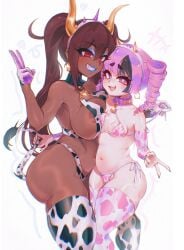 2girls amehime areola_slip ass big_breasts bikini black_highlights blue_eyeshadow blue_lipstick borrowed_character breast_size_difference breast_to_breast brown_hair collar cow_horns cow_print cow_print_bikini cow_print_thighhighs cow_tail dark-skinned_female dark_skin drill_hair eyebrows_visible_through_hair female female_only grin hi_res horn_hairband horns light-skinned_female light_skin long_hair looking_at_viewer micro_bikini oerba_yun_fang open_mouth original original_character purple_eyes purple_hair red_eyes small_breasts smiling smiling_at_viewer tail thick_ass thick_thighs thighhighs tsona_(nyantcha) twintails v_sign white_background