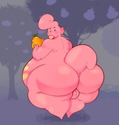 2024 anthro artist_name ass balls belly belly_markings big_belly big_butt big_tail blush breasts cleavage clothed clothing colored curvy_figure digital_drawing_(artwork) digital_media_(artwork) dozighost english_text fingers food fruit generation_4_pokemon genitals glistening glistening_balls glistening_belly glistening_body glistening_butt glistening_genitalia glistening_skin glistening_tongue head_tuft hi_res holding_food holding_fruit holding_object huge_belly huge_butt huge_thighs lickilicky light lighting looking_at_viewer looking_back male mammal markings nintendo nude obese obese_anthro obese_male open_mouth outside overweight overweight_anthro overweight_male pink_balls pink_body pink_skin pink_tail plant pokemon pokemon_(species) rear_view shaded signature simple_background solo stripes tail text thick_thighs tongue tongue_out tree tuft watermark wide_hips yellow_stripes