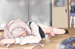 3girls after_sex amamiya_satsuki_(mono) black_hair black_sweater_vest blush brown_hair cum cum_in_pussy cum_on_body cum_on_hair cum_on_legs doorway grey_skirt hair_ornament hair_scrunchie highres indoors kiriyama_an long_sleeves lying mono_(afro) multiple_girls nuooooodoomo on_floor open_mouth panties panties_around_one_leg pink_panties pleated_skirt school_uniform scrunchie shikishima_sakurako shirt side_ponytail skirt smile socks surprised sweat sweater_vest thick_eyebrows tile_floor tiles trembling twintails twitching underwear unworn_skirt white_hair white_shirt white_socks