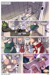 absurd_res alfa_quinto_(artist) angie_baker anthro ass avian beak big_breasts big_butt bird body_swap breasts clothed clothing columbid comic digital_media_(artwork) duo english_text feathers female grey_body grey_feathers hi_res jericho_russo larger_female male nude overweight overweight_female owl pigeon rule_63 shower size_difference skimpy text thick_thighs voluptuous_anthro voluptuous_female