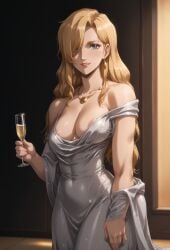 ai_generated alcohol blonde_hair blue_eyes breasts drinking earrings essi_daven female jayler light-skinned_female looking_at_viewer necklace nipples solo solo_female the_witcher_(netflix) the_witcher_(series) white_dress