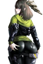 1girls ass bangs belt big_butt black_bodysuit black_choker black_jacket black_pants blue_eyes bodysuit brown_hair butt butt_grab choker eunie_(xenoblade) fat_ass feathered_wings female female_only fully_clothed grabbing_own_butt green_hoodie hand_on_butt hand_on_own_butt head_wings huge_butt jacket_partially_removed latex long_hair long_sleeves looking_at_viewer looking_back nail_polish nintendo pants skin_tight solo standing thick_butt thick_thighs thigh_gap white_wings wings xenoblade_(series) xenoblade_chronicles_3