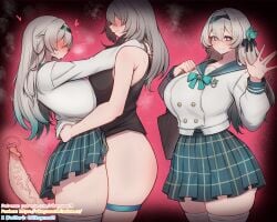 2girls \\\\||/ aqua_bow armpit_crease arms_around_neck bare_shoulders black_hairband black_ribbon black_tank_top blue_eyes blush bottomless bow breast_press breasts bright_pupils buttons censored cervix closed_mouth commentary_request cross_section deep_penetration double-breasted double-parted_bangs firefly_(honkai:_star_rail) firefly_(spring_missive)_(honkai:_star_rail) futa_with_female futanari gradient_eyes green_sailor_collar green_skirt grey_hair hair_between_eyes hair_ribbon hairband hand_on_another's_waist hand_up heart highres honkai:_star_rail honkai_(series) hug large_breasts large_penis long_hair long_sleeves looking_at_viewer miniskirt mosaic_censoring multicolored_eyes multiple_girls multiple_views official_alternate_costume open_hand penis pink_eyes plaid_clothes plaid_skirt red_background ribbon rikuguma sailor_collar school_uniform serafuku sex shirt skindentation skirt smile standing standing_sex steam stelle_(honkai:_star_rail) sweat tank_top thigh_strap thighhighs trailblazer_(honkai:_star_rail) two-tone_skirt uterus vaginal_penetration veins veiny_penis waving white_hair white_pupils white_shirt white_thighhighs