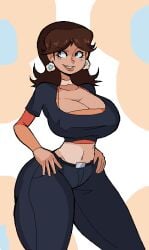 female huge_ass huge_breasts jeans modern_clothes nintendo princess_daisy solo super_mario_bros. tagme wide_hips ykujo