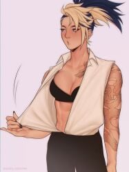 1girls abs akali big_breasts bra cleavage female female_only human large_breasts league_of_legends muscular muscular_female revealing_clothes solo solo_female standing wukenn