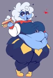 bbw big_ass big_breasts black_fingernails black_legwear blue_skin blush br33zyg0re clothing cloud_hair deltarune deltarune_chapter_3 elnina_(deltarune) eyeshadow floating_hearts leggings sandwich sideshow_circus skirt soul_(deltarune) sweatdrop thick_thighs white_hair
