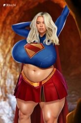 1girls arms_up big_breasts blonde_hair blue_eyes breasts chubby chubby_female crop_top dc_comics dcu female gigantic_breasts huge_breasts looking_at_viewer medium_hair midriff milly_alcock plump ritechi skirt solo supergirl thick_thighs wide_hips
