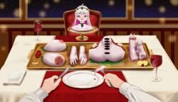 cannibalism date dining_table dinner dinner_date food friday_night_funkin friday_night_funkin_mod giantess gore guro meat nikusa_(sugarratio) pale-skinned_female white_hair