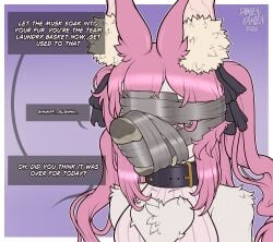 absurd_res anthro bangs bat big_ears black_collar blindfold blush bodily_fluids body_worship bondage bondage bound bow_tie clothing collar damienkamien degradation dirty dirty_clothing dirty_socks dirty_talk dirty_underwear dominant dominant_anthro duct_tape duo eyebrows faceless faceless_anthro faceless_character faceless_male fluffy_ears footwear fur gag gag_sequence gagged gagging hair hi_res humiliation laundry male male/male mammal musk musk_worship muzzle_(object) muzzled pink_eyes pink_hair pink_nose ponytail scent scent_play scentplay smelly sniffing sniffing_clothes sock_gag sock_in_mouth sock_sniffing socks speech_bubble stuff_gag submissive submissive_anthro submissive_male sweat sweatdrop tape tape_bondage tape_gag taped_mouth text training trinity_the_bat underwear underwear_sniffing white_body white_fur