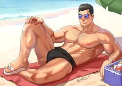 beach bearlcy gay male male_only marvel marvel_rivals muscular muscular_male punisher punisher_(marvel_rivals) solo solo_focus solo_male sunglasses underwear