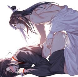 2boys all_fours anal ass bare_shoulders bite_mark black_hair black_hanfu black_pants blush bottomless breath chinese_clothes closed_mouth clothed_sex clothes_down clothes_pull cum cum_in_ass cum_on_ass cum_on_body cum_on_male doggy_style from_side grey_eyes hanfu hickey highres holding holding_ribbon jujeop lan_wangji long_hair long_sleeves looking_at_another male male_focus modao_zushi multiple_boys open_clothes open_mouth open_robe pants pants_pull penis ponytail profile ribbon robe robe_partially_removed saliva scar scar_on_back sex sex_from_behind sidelocks simple_background sleeves_past_wrists sweat tears topknot trembling wei_wuxian white_background white_hanfu wide_sleeves xiao_guan_(headdress) yaoi yellow_eyes
