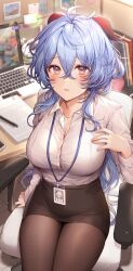 ahoge alternate_breast_size alternate_costume black_skirt blue_hair blurry breasts brown_legwear button_gap chair cleavage collared_shirt computer contemporary depth_of_field dress_shirt female ganyu_(genshin_impact) genshin_impact goat_horns hair_between_eyes highres horns id_card lanyard laptop large_breasts long_hair long_sleeves looking_at_viewer miniskirt office_chair office_lady pantyhose parted_lips pencil_skirt pillo purple_eyes shirt shirt_tucked_in sitting skirt solo white_shirt