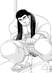 1boy 2010 bar_censor bathroom bouga_kyoukai:_comma_no_niwa censored foreskin male male_only monochrome naga09ito peeing penis solo squat_toilet squatting tagme uncensored uncircumcised urine